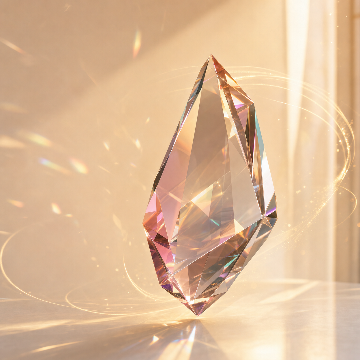 Faceted prism gemstone glowing in champagne and fuchsia light